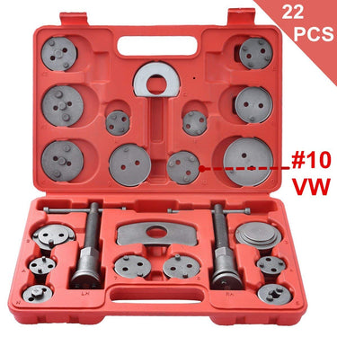 Full 22-piece disc brake compressor kit with red carrying case
Thrust bolts and adaptor discs inside tool tray
Wind back caliper kit displayed in organized layout
Caliper rewind tool set for automotive brake maintenance
Red universal brake caliper service tool kit with accessories