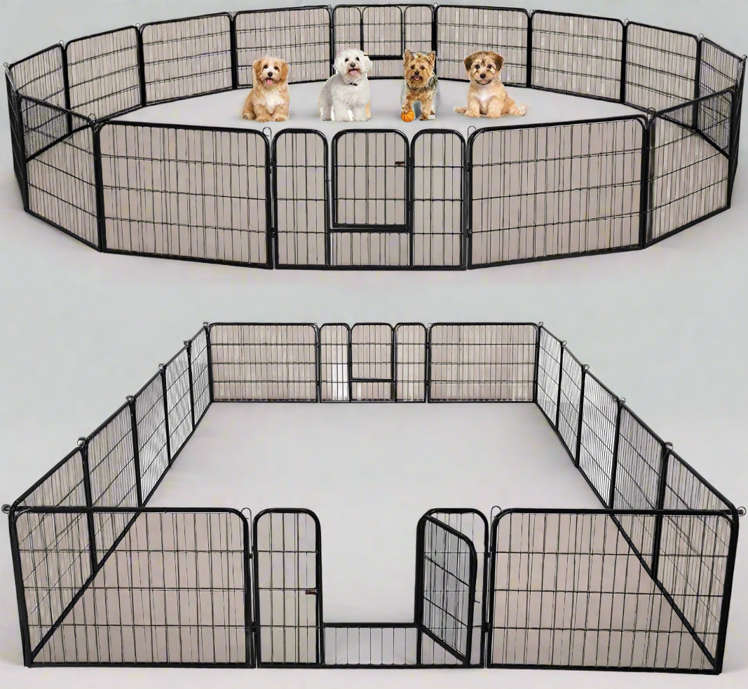 Outdoor 24-panel metal dog playpen in backyard

Heavy-duty dog fence setup with black powder-coated panels

Large modular dog run for multiple pets

Rectangle layout of outdoor dog enclosure

Secure outdoor pet fence with gate access