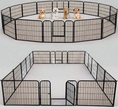 Outdoor 24-panel metal dog playpen in backyard

Heavy-duty dog fence setup with black powder-coated panels

Large modular dog run for multiple pets

Rectangle layout of outdoor dog enclosure

Secure outdoor pet fence with gate access