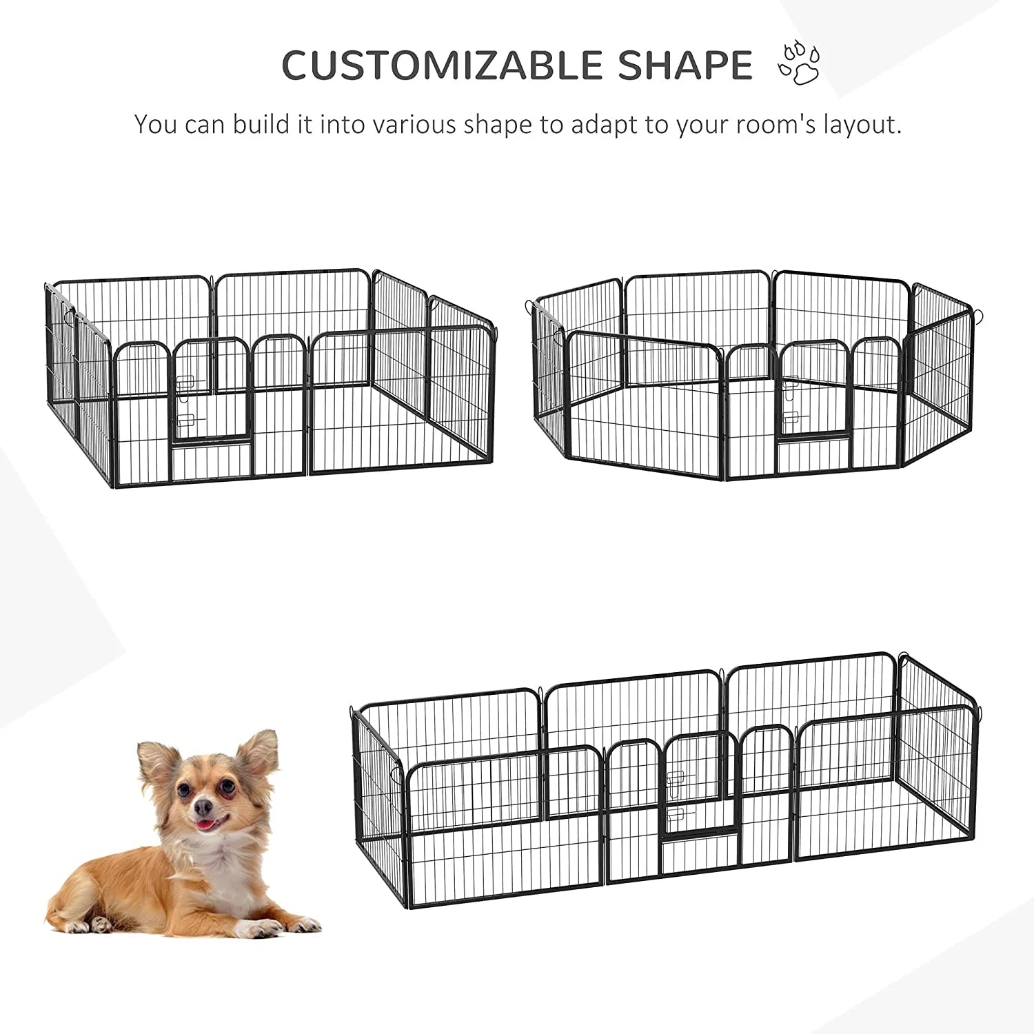 Outdoor 24-panel metal dog playpen in backyard

Heavy-duty dog fence setup with black powder-coated panels

Large modular dog run for multiple pets

Rectangle layout of outdoor dog enclosure

Secure outdoor pet fence with gate access