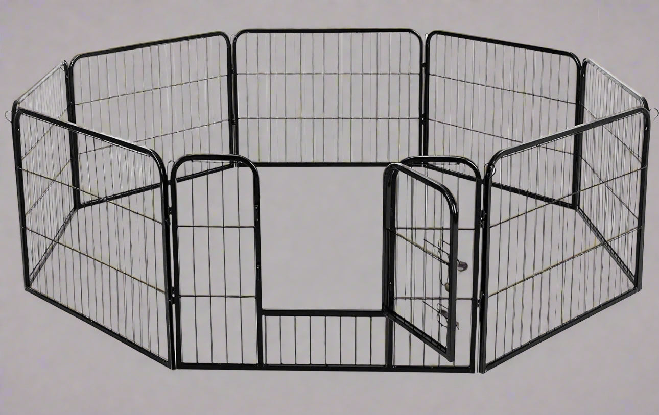 Outdoor 24-panel metal dog playpen in backyard

Heavy-duty dog fence setup with black powder-coated panels

Large modular dog run for multiple pets

Rectangle layout of outdoor dog enclosure

Secure outdoor pet fence with gate access