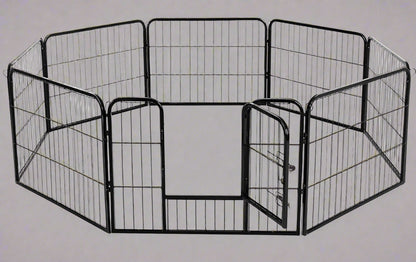 Outdoor 24-panel metal dog playpen in backyard

Heavy-duty dog fence setup with black powder-coated panels

Large modular dog run for multiple pets

Rectangle layout of outdoor dog enclosure

Secure outdoor pet fence with gate access