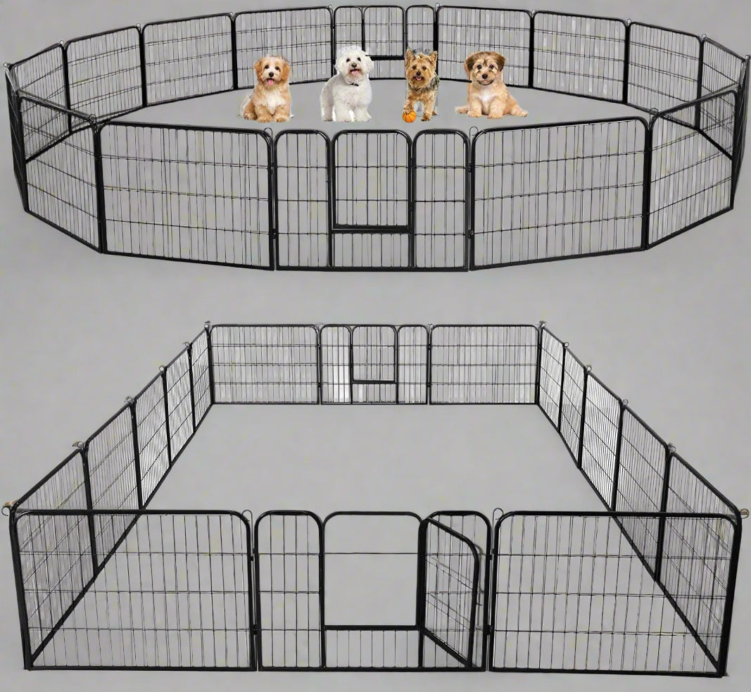 Outdoor 24-panel metal dog playpen in backyard

Heavy-duty dog fence setup with black powder-coated panels

Large modular dog run for multiple pets

Rectangle layout of outdoor dog enclosure

Secure outdoor pet fence with gate access