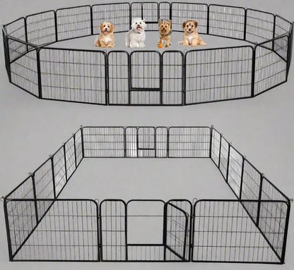 Outdoor 24-panel metal dog playpen in backyard

Heavy-duty dog fence setup with black powder-coated panels

Large modular dog run for multiple pets

Rectangle layout of outdoor dog enclosure

Secure outdoor pet fence with gate access