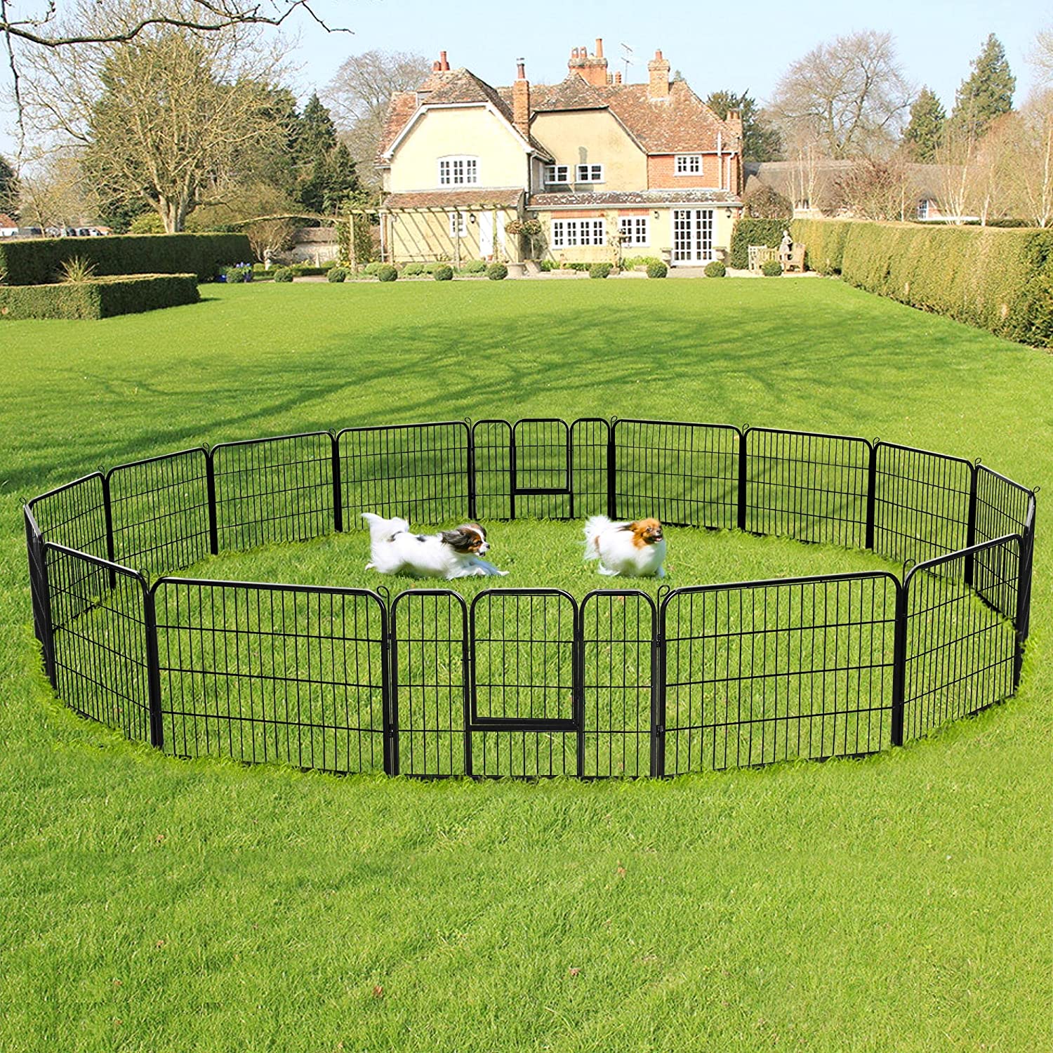 Outdoor 24-panel metal dog playpen in backyard

Heavy-duty dog fence setup with black powder-coated panels

Large modular dog run for multiple pets

Rectangle layout of outdoor dog enclosure

Secure outdoor pet fence with gate access