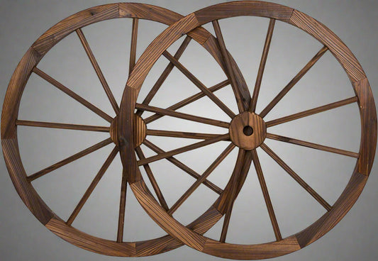"Rustic wooden wagon wheel 48 inch for garden decor"

"Burnt wood wagon wheel leaning against a fence"

"Farmhouse yard display with decorative wooden wheels"
