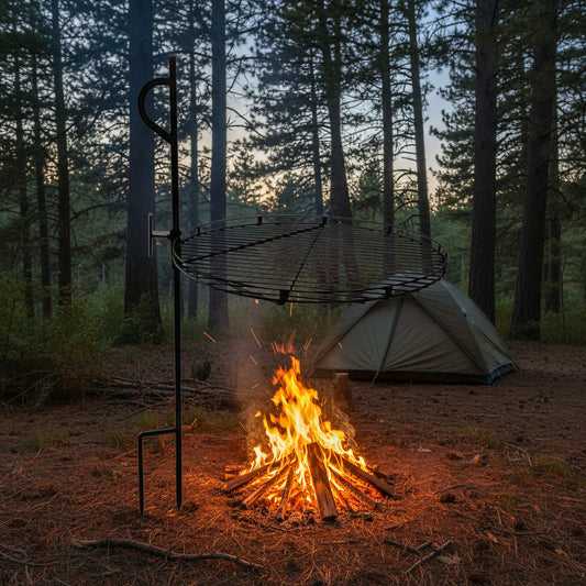 “24-inch campfire swing grill with hanging cooking rack”
• “Steel fire pit grill with adjustable height for outdoor use”
• “Camping fire grill setup over open flame”