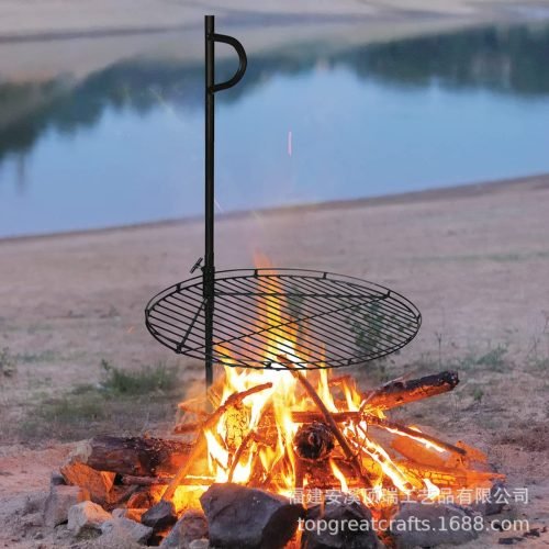 “24-inch campfire swing grill with hanging cooking rack”
• “Steel fire pit grill with adjustable height for outdoor use”
• “Camping fire grill setup over open flame”