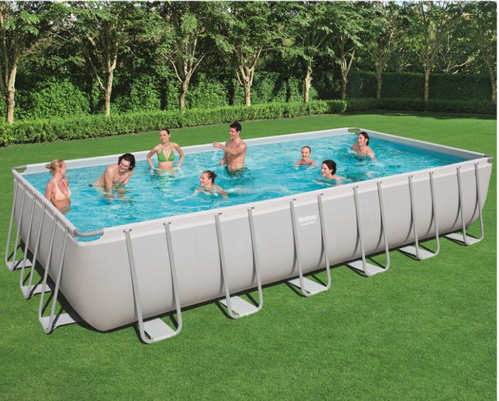 Bestway rectangular steel frame pool full view

Pool kit with pump, ladder, and accessories

Top view of large outdoor family pool

Side view showing reinforced steel frame setup

Pool with children playing in a backyard setting