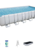 Bestway rectangular steel frame pool full view

Pool kit with pump, ladder, and accessories

Top view of large outdoor family pool

Side view showing reinforced steel frame setup

Pool with children playing in a backyard setting