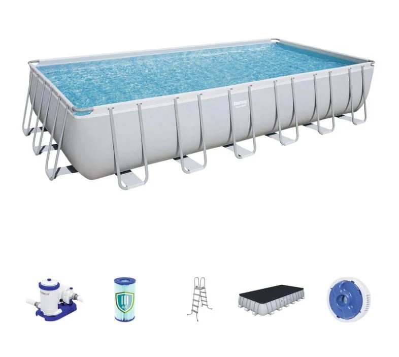 Bestway rectangular steel frame pool full view

Pool kit with pump, ladder, and accessories

Top view of large outdoor family pool

Side view showing reinforced steel frame setup

Pool with children playing in a backyard setting