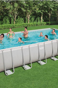 Bestway rectangular steel frame pool full view

Pool kit with pump, ladder, and accessories

Top view of large outdoor family pool

Side view showing reinforced steel frame setup

Pool with children playing in a backyard setting