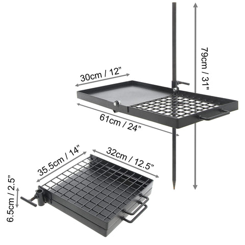 24 inch folding campfire grill with heavy-duty steel grate
Portable black camping grill with foldable legs over a fire pit
Outdoor camping fire grate with 24” surface for pots and pans