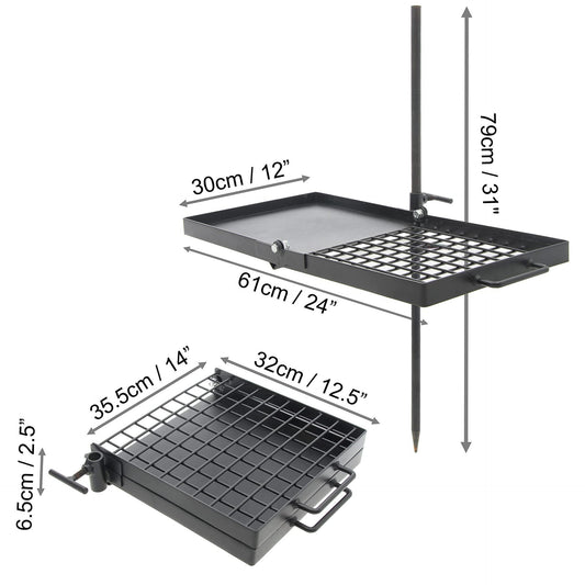 24 inch folding campfire grill with heavy-duty steel grate
Portable black camping grill with foldable legs over a fire pit
Outdoor camping fire grate with 24” surface for pots and pans