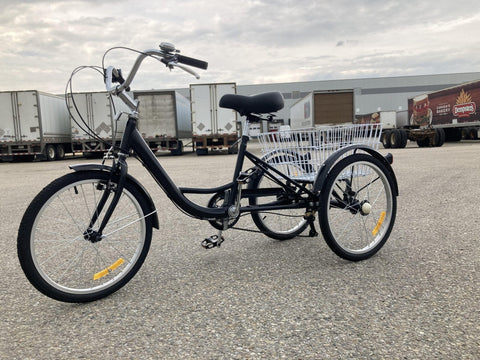 New 24 - Inch Adult Tricycle 3 - Wheel Bicycle with Basket – 7 - Speed Shimano – SKUTRI24ADULT - with 24″ | Sold by Uncle Wiener's Wholesale