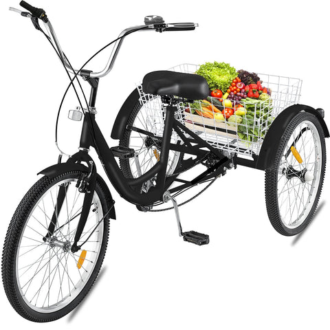 New 24 - Inch Adult Tricycle 3 - Wheel Bicycle with Basket – 7 - Speed Shimano – SKUTRI24ADULT - with 24″ | Sold by Uncle Wiener's Wholesale