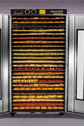 Front view of 24-layer stainless steel food dehydrator with digital controls

Display panel of commercial dehydrator with LED screen

Dehydrator trays showing fruits and herbs drying

Beef jerky inside stainless steel dehydrator

Dehydrated apple chips, mango, and banana slices in dehydrator