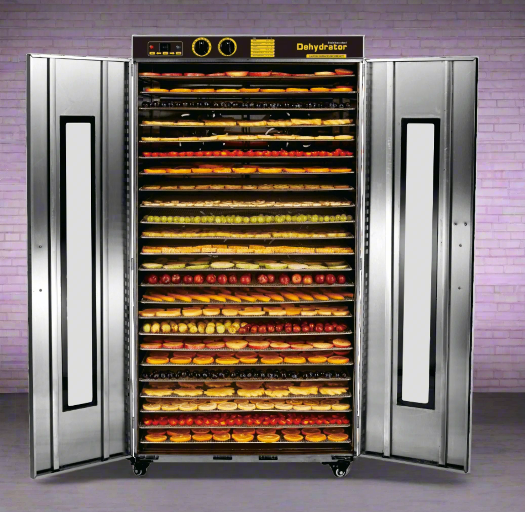 Front view of 24-layer stainless steel food dehydrator with digital controls

Display panel of commercial dehydrator with LED screen

Dehydrator trays showing fruits and herbs drying

Beef jerky inside stainless steel dehydrator

Dehydrated apple chips, mango, and banana slices in dehydrator