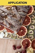 Front view of 24-layer stainless steel food dehydrator with digital controls

Display panel of commercial dehydrator with LED screen

Dehydrator trays showing fruits and herbs drying

Beef jerky inside stainless steel dehydrator

Dehydrated apple chips, mango, and banana slices in dehydrator