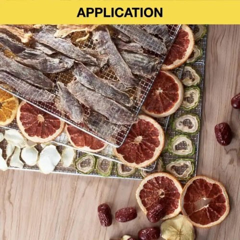 Front view of 24-layer stainless steel food dehydrator with digital controls

Display panel of commercial dehydrator with LED screen

Dehydrator trays showing fruits and herbs drying

Beef jerky inside stainless steel dehydrator

Dehydrated apple chips, mango, and banana slices in dehydrator