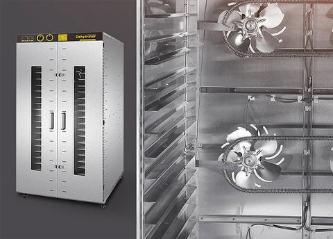Front view of 24-layer stainless steel food dehydrator with digital controls

Display panel of commercial dehydrator with LED screen

Dehydrator trays showing fruits and herbs drying

Beef jerky inside stainless steel dehydrator

Dehydrated apple chips, mango, and banana slices in dehydrator