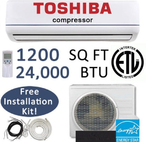 Toshiba 24,000 BTU Ductless Mini Split AC with Install Kit

Indoor air handler with remote control – 1 ton mini split

Outdoor condenser unit with Toshiba compressor

Full mini split AC installation kit (copper lines, drain pipe)

Quiet inverter ductless air conditioner setup