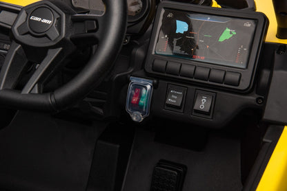 Neon Green 24V Can-Am UTV ride-on car for kids

Side view of Can-Am Maverick electric kids vehicle

Rear suspension view of 2-seater ride-on UTV

LED headlight detail on Can-Am ride-on

Kids ride-on off-road UTV in Neon Pink