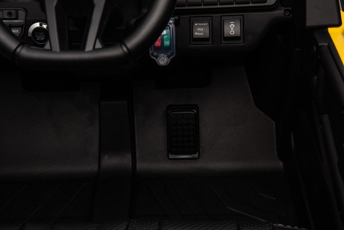 Neon Green 24V Can-Am UTV ride-on car for kids

Side view of Can-Am Maverick electric kids vehicle

Rear suspension view of 2-seater ride-on UTV

LED headlight detail on Can-Am ride-on

Kids ride-on off-road UTV in Neon Pink