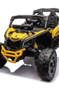 Neon Green 24V Can-Am UTV ride-on car for kids

Side view of Can-Am Maverick electric kids vehicle

Rear suspension view of 2-seater ride-on UTV

LED headlight detail on Can-Am ride-on

Kids ride-on off-road UTV in Neon Pink