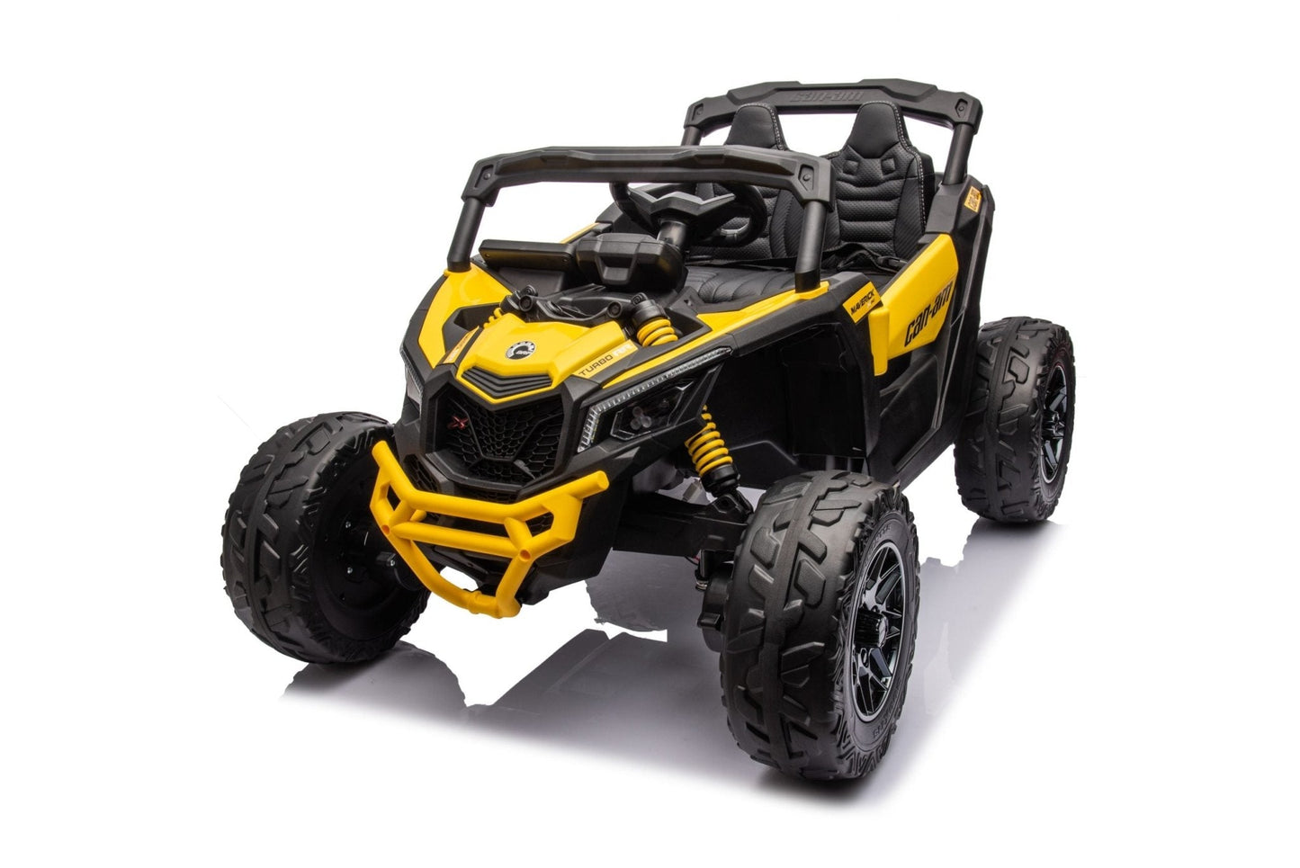 Neon Green 24V Can-Am UTV ride-on car for kids

Side view of Can-Am Maverick electric kids vehicle

Rear suspension view of 2-seater ride-on UTV

LED headlight detail on Can-Am ride-on

Kids ride-on off-road UTV in Neon Pink