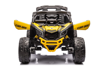 Neon Green 24V Can-Am UTV ride-on car for kids

Side view of Can-Am Maverick electric kids vehicle

Rear suspension view of 2-seater ride-on UTV

LED headlight detail on Can-Am ride-on

Kids ride-on off-road UTV in Neon Pink