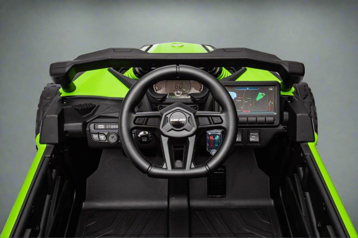 Neon Green 24V Can-Am UTV ride-on car for kids

Side view of Can-Am Maverick electric kids vehicle

Rear suspension view of 2-seater ride-on UTV

LED headlight detail on Can-Am ride-on

Kids ride-on off-road UTV in Neon Pink