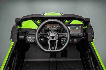 Neon Green 24V Can-Am UTV ride-on car for kids

Side view of Can-Am Maverick electric kids vehicle

Rear suspension view of 2-seater ride-on UTV

LED headlight detail on Can-Am ride-on

Kids ride-on off-road UTV in Neon Pink