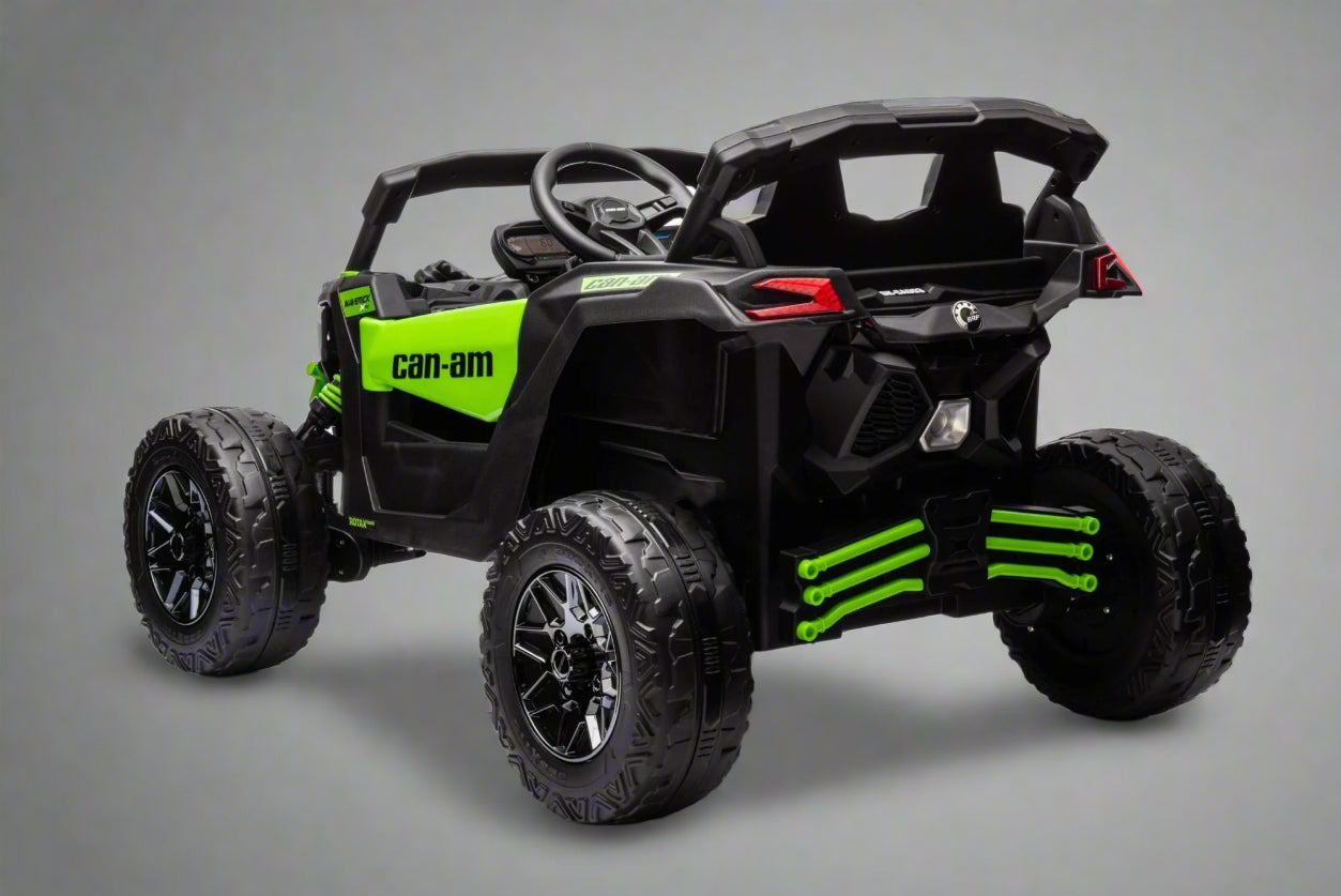 Neon Green 24V Can-Am UTV ride-on car for kids

Side view of Can-Am Maverick electric kids vehicle

Rear suspension view of 2-seater ride-on UTV

LED headlight detail on Can-Am ride-on

Kids ride-on off-road UTV in Neon Pink