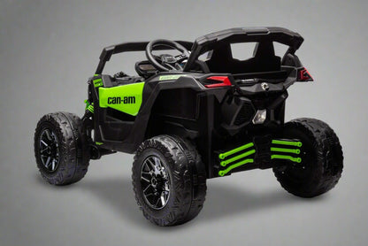 Neon Green 24V Can-Am UTV ride-on car for kids

Side view of Can-Am Maverick electric kids vehicle

Rear suspension view of 2-seater ride-on UTV

LED headlight detail on Can-Am ride-on

Kids ride-on off-road UTV in Neon Pink