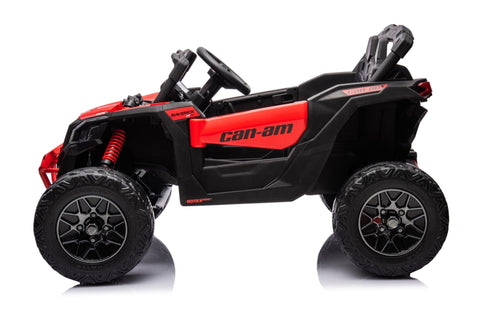 Neon Green 24V Can-Am UTV ride-on car for kids

Side view of Can-Am Maverick electric kids vehicle

Rear suspension view of 2-seater ride-on UTV

LED headlight detail on Can-Am ride-on

Kids ride-on off-road UTV in Neon Pink