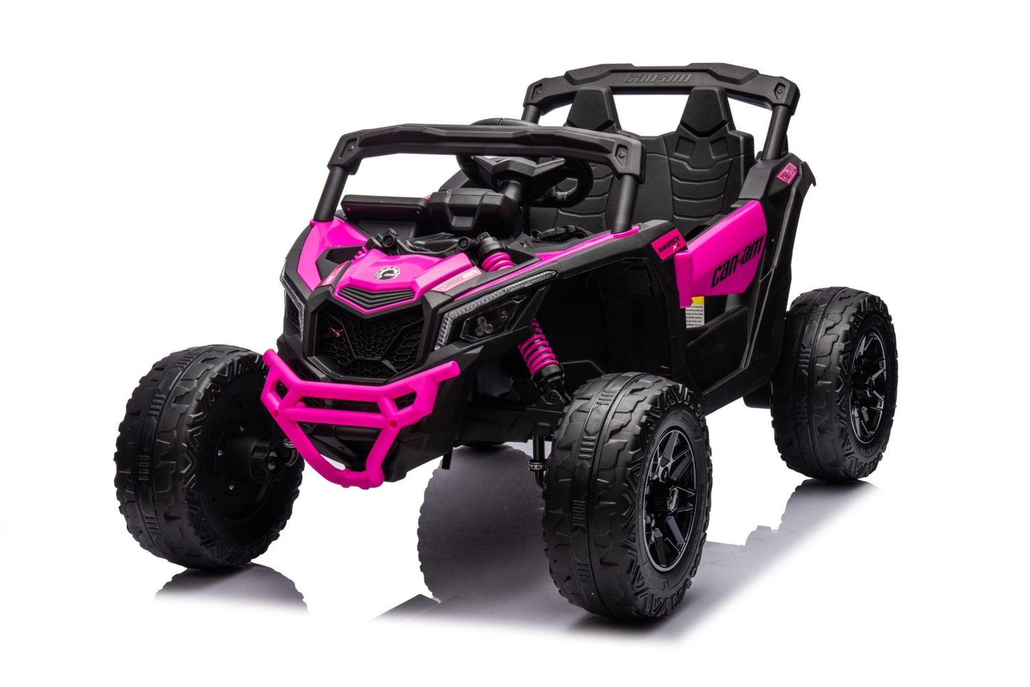 Neon Green 24V Can-Am UTV ride-on car for kids

Side view of Can-Am Maverick electric kids vehicle

Rear suspension view of 2-seater ride-on UTV

LED headlight detail on Can-Am ride-on

Kids ride-on off-road UTV in Neon Pink