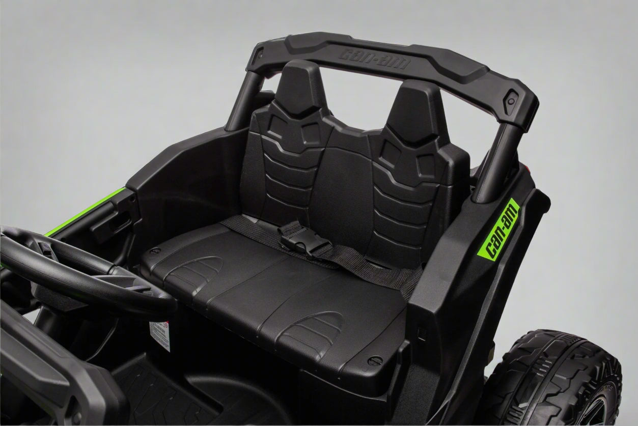 Neon Green 24V Can-Am UTV ride-on car for kids

Side view of Can-Am Maverick electric kids vehicle

Rear suspension view of 2-seater ride-on UTV

LED headlight detail on Can-Am ride-on

Kids ride-on off-road UTV in Neon Pink