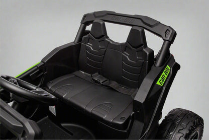 Neon Green 24V Can-Am UTV ride-on car for kids

Side view of Can-Am Maverick electric kids vehicle

Rear suspension view of 2-seater ride-on UTV

LED headlight detail on Can-Am ride-on

Kids ride-on off-road UTV in Neon Pink