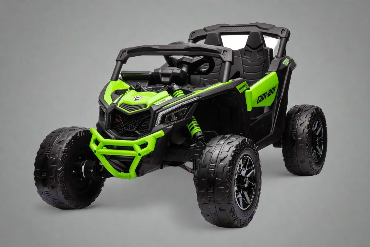 Neon Green 24V Can-Am UTV ride-on car for kids

Side view of Can-Am Maverick electric kids vehicle

Rear suspension view of 2-seater ride-on UTV

LED headlight detail on Can-Am ride-on

Kids ride-on off-road UTV in Neon Pink
