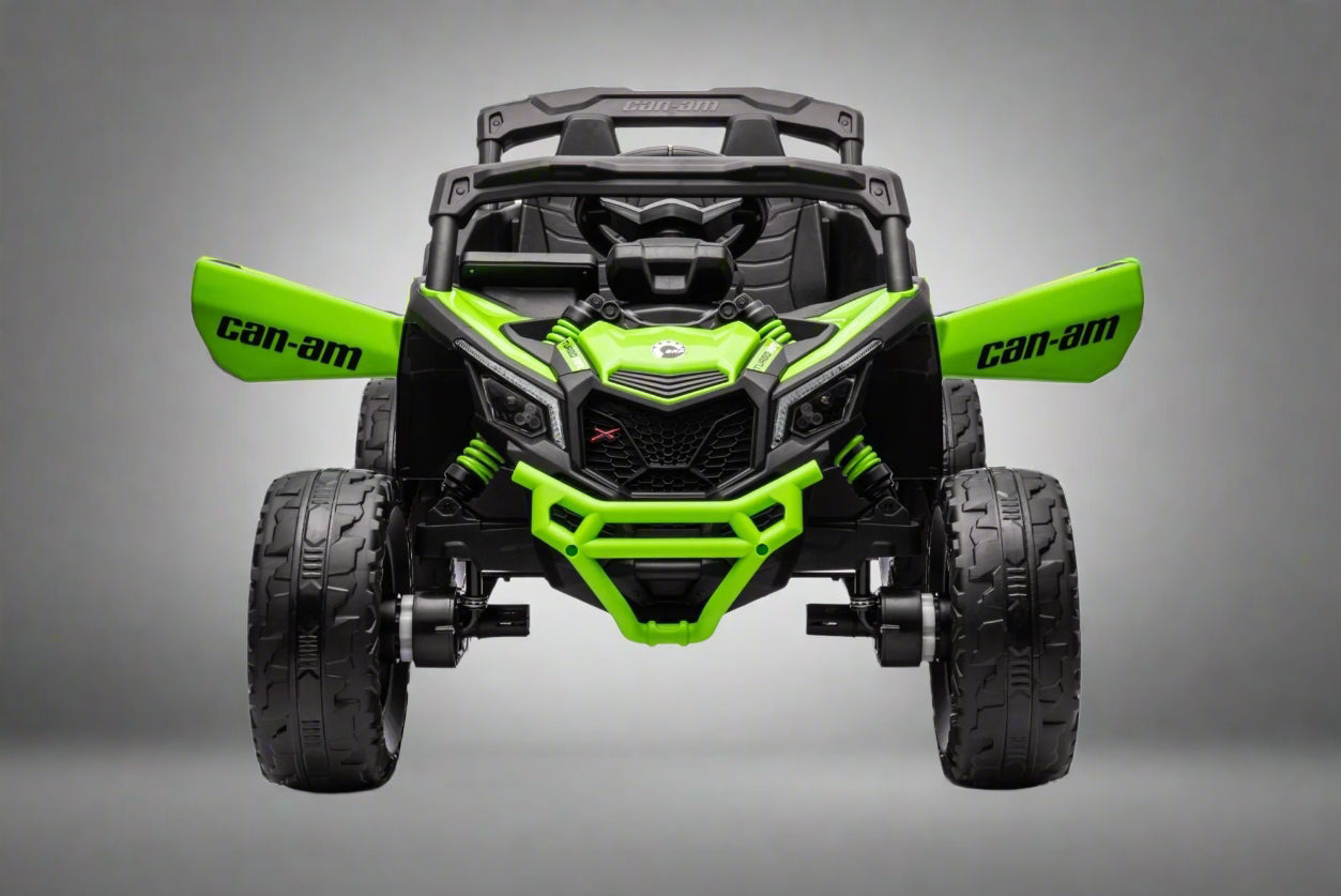 Neon Green 24V Can-Am UTV ride-on car for kids

Side view of Can-Am Maverick electric kids vehicle

Rear suspension view of 2-seater ride-on UTV

LED headlight detail on Can-Am ride-on

Kids ride-on off-road UTV in Neon Pink