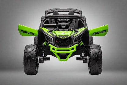 Neon Green 24V Can-Am UTV ride-on car for kids

Side view of Can-Am Maverick electric kids vehicle

Rear suspension view of 2-seater ride-on UTV

LED headlight detail on Can-Am ride-on

Kids ride-on off-road UTV in Neon Pink