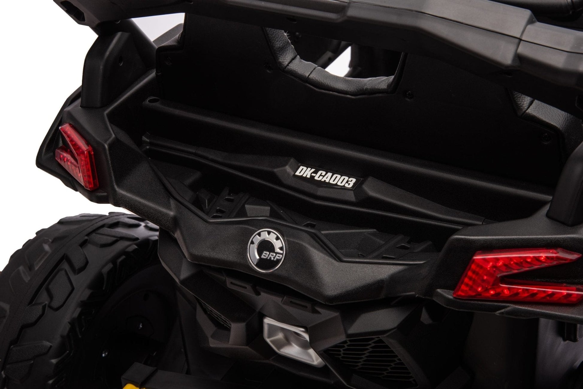 Neon Green 24V Can-Am UTV ride-on car for kids

Side view of Can-Am Maverick electric kids vehicle

Rear suspension view of 2-seater ride-on UTV

LED headlight detail on Can-Am ride-on

Kids ride-on off-road UTV in Neon Pink