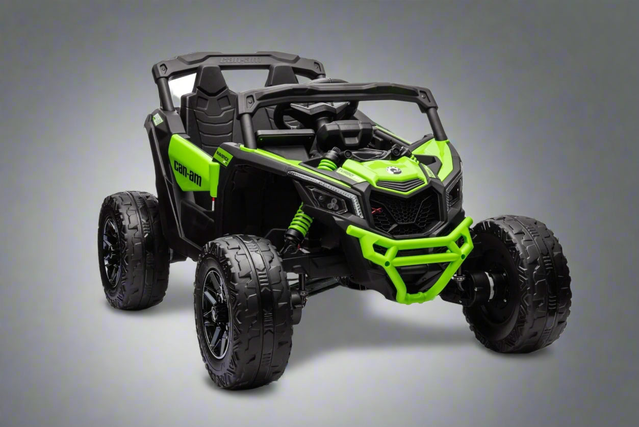Neon Green 24V Can-Am UTV ride-on car for kids

Side view of Can-Am Maverick electric kids vehicle

Rear suspension view of 2-seater ride-on UTV

LED headlight detail on Can-Am ride-on

Kids ride-on off-road UTV in Neon Pink