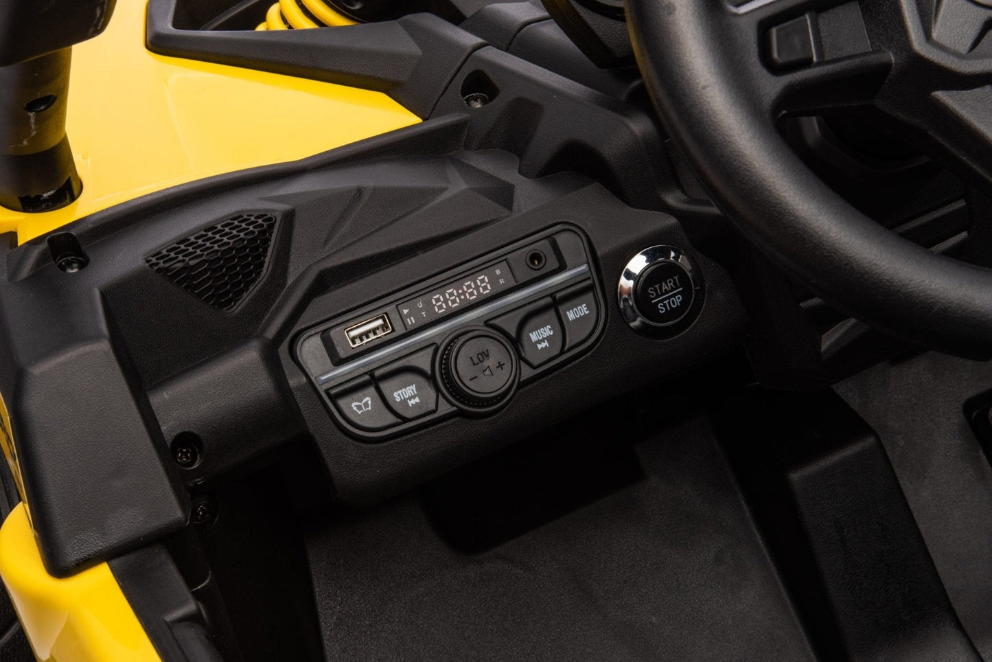 Neon Green 24V Can-Am UTV ride-on car for kids

Side view of Can-Am Maverick electric kids vehicle

Rear suspension view of 2-seater ride-on UTV

LED headlight detail on Can-Am ride-on

Kids ride-on off-road UTV in Neon Pink