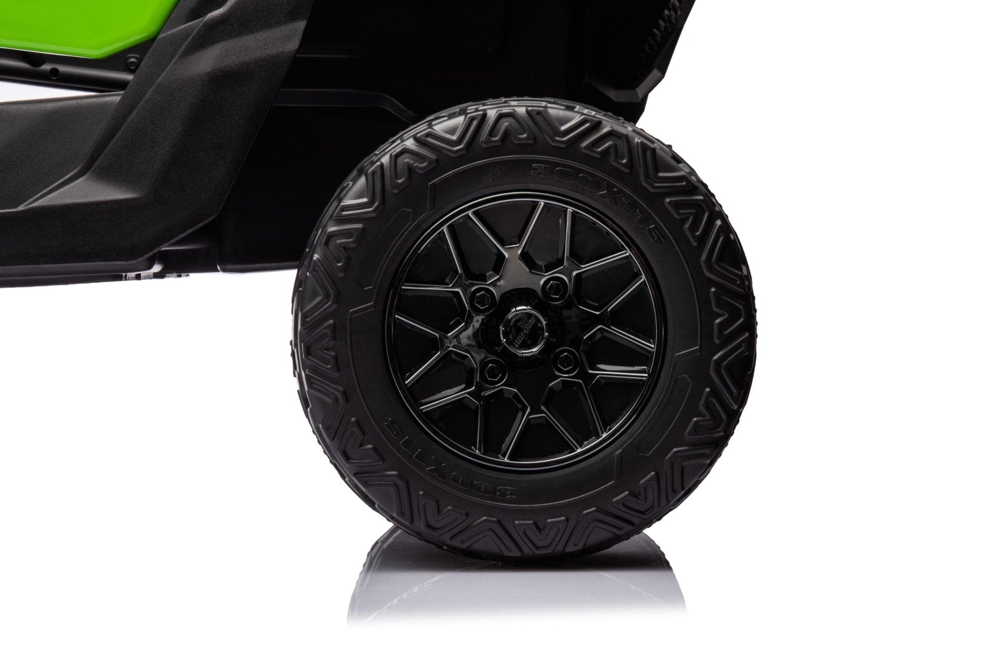 Neon Green 24V Can-Am UTV ride-on car for kids

Side view of Can-Am Maverick electric kids vehicle

Rear suspension view of 2-seater ride-on UTV

LED headlight detail on Can-Am ride-on

Kids ride-on off-road UTV in Neon Pink