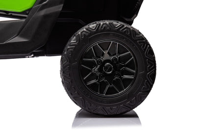 Neon Green 24V Can-Am UTV ride-on car for kids

Side view of Can-Am Maverick electric kids vehicle

Rear suspension view of 2-seater ride-on UTV

LED headlight detail on Can-Am ride-on

Kids ride-on off-road UTV in Neon Pink