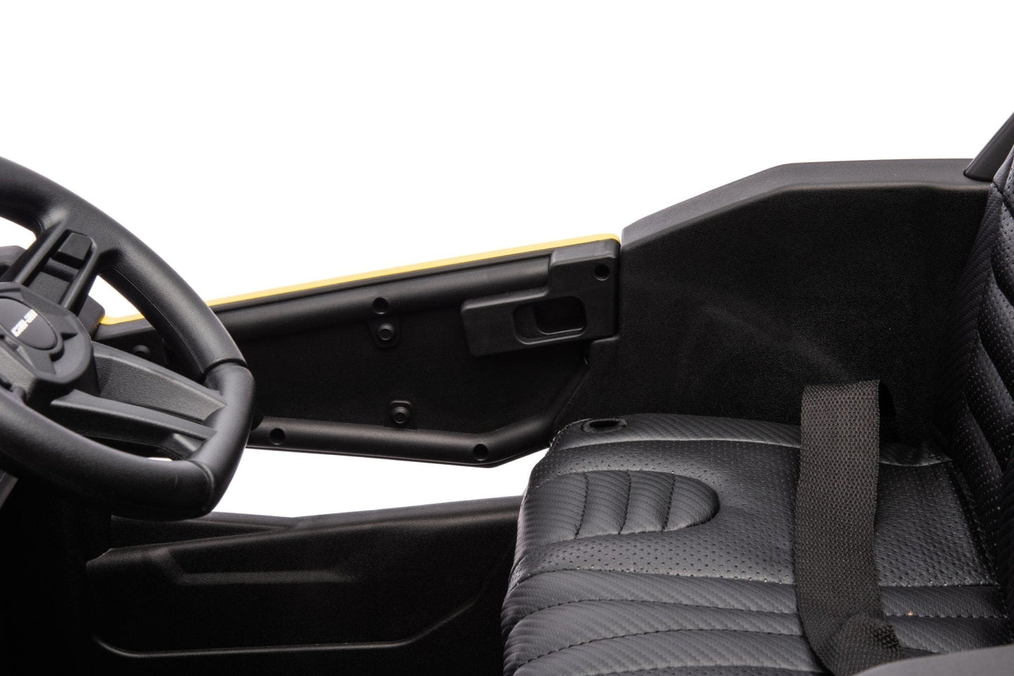 Neon Green 24V Can-Am UTV ride-on car for kids

Side view of Can-Am Maverick electric kids vehicle

Rear suspension view of 2-seater ride-on UTV

LED headlight detail on Can-Am ride-on

Kids ride-on off-road UTV in Neon Pink