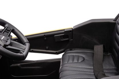 Neon Green 24V Can-Am UTV ride-on car for kids

Side view of Can-Am Maverick electric kids vehicle

Rear suspension view of 2-seater ride-on UTV

LED headlight detail on Can-Am ride-on

Kids ride-on off-road UTV in Neon Pink