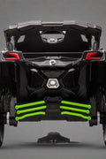 Neon Green 24V Can-Am UTV ride-on car for kids

Side view of Can-Am Maverick electric kids vehicle

Rear suspension view of 2-seater ride-on UTV

LED headlight detail on Can-Am ride-on

Kids ride-on off-road UTV in Neon Pink